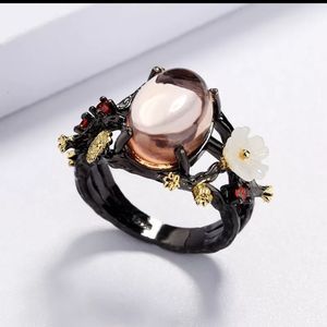 Gold leaf black titanium resin flower plum glass crystal boho goth ring